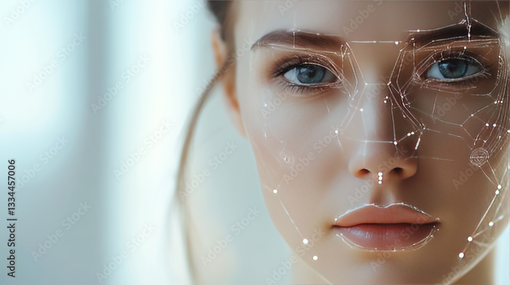 Poster close-up of a serene woman's face enhanced with digital lines and dots, representing futuristic tech