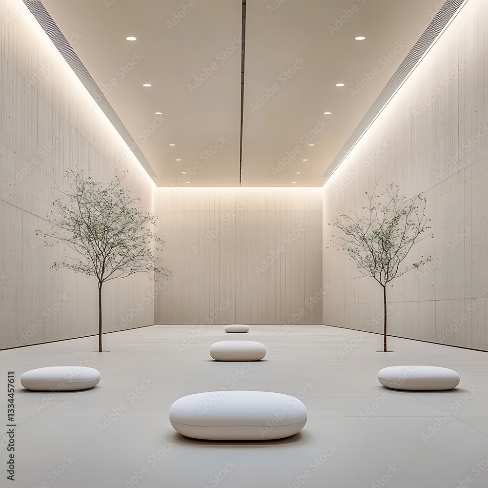Aufkleber serene indoor space with minimalist seating and bare trees under soft lighting architecture