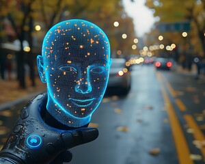 A glowing digital face appears held by an advanced robot hand
