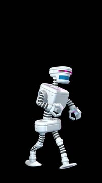 Seamless loop vertical video of a retro robot walking isolated with copyspace, copy space banner. Funny futuristic sci-fi background.
