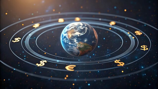 Earth Surrounded by Currency Symbols Floating in Space with Cosmic Background Effects