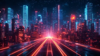 Fototapeta premium Futuristic cityscape with vibrant neon lights and glowing skyscrapers at night