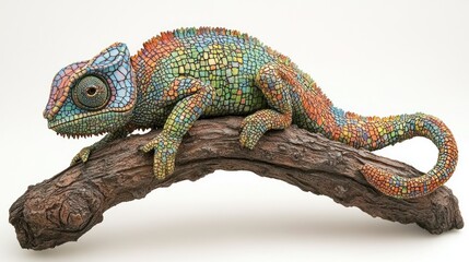 Obraz premium Colorful Chameleon Sculpture on Branch, Studio Shot, Art Piece, Use Education, Exhibit, or Display