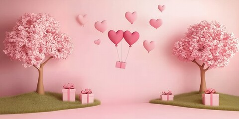 Romantic Pink Valentine s Day Scene with Heart Balloons Cherry Blossoms and Gifts