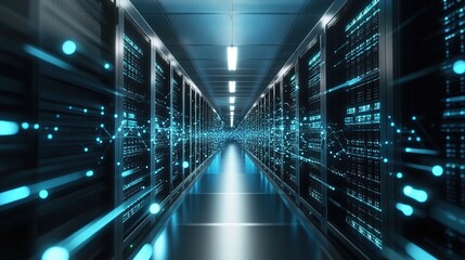 Obraz premium Connection network in a servers data center room with storage systems, depicted in a detailed 3D rendering. This illustration highlights modern technology, data management, and digital infrastructure,