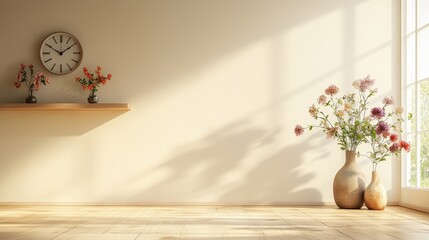 Sunlit room with a wooden shelf, floral vases, and a classic clock. Warm tones and a glimpse of nature through the window create a peaceful scene