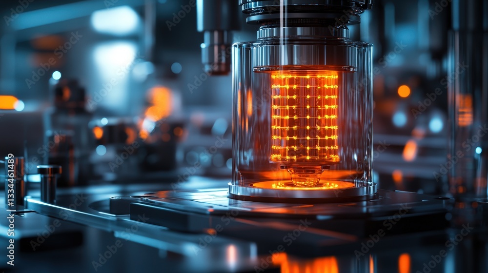Aufkleber a vibrant, illuminated machine component in a high-tech environment, showcasing intricate design and