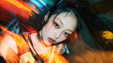 Naklejka premium Stylish portrait of a young woman in Harajuku fashion style with vibrant neon lights and dynamic motion blur