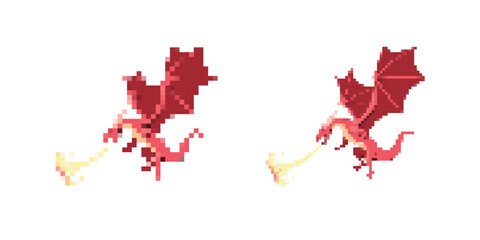 two red dragons breathe fire in a minimalist pixel art style, capturing a blend of fantasy and retro.