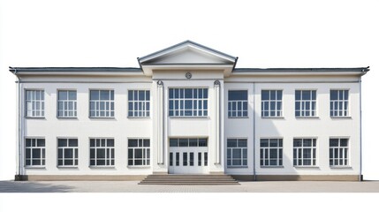 A majestic white structure showcases classical architectural elements with its grand columns and symmetrical windows under bright sunlight. The well-maintained facade exudes elegance and history