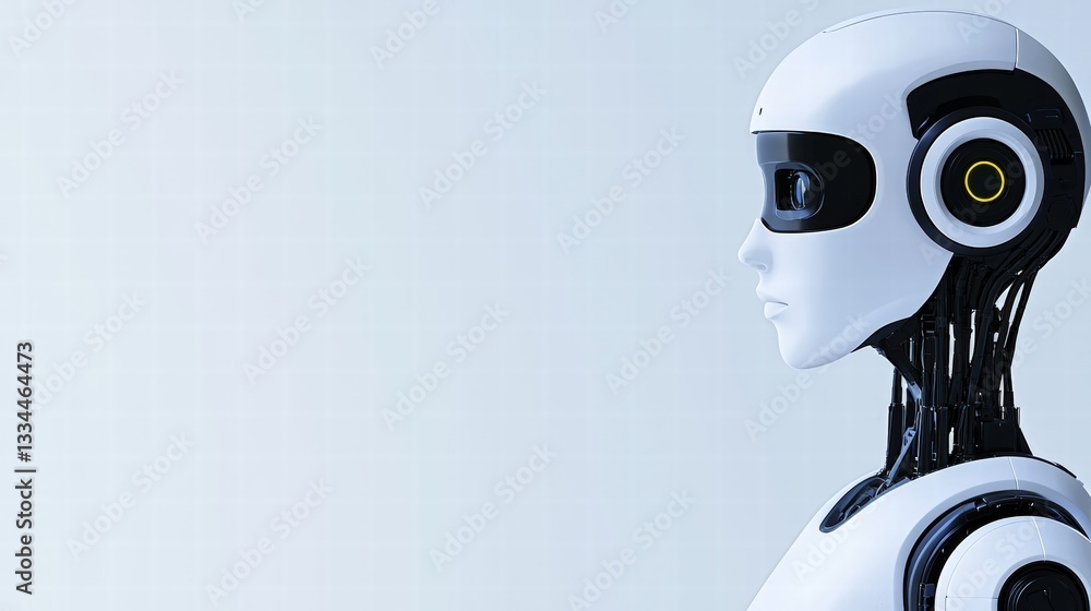 Poster full-body view of a modern robot with sleek design and innovative features against a neutral backdro