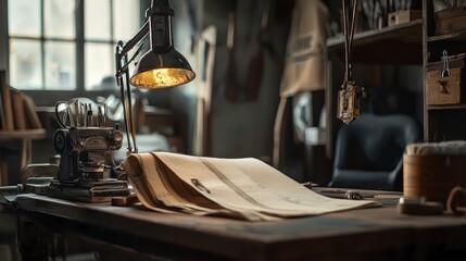Vintage tailor&rsquo;s workspace with sewing tools and fabric