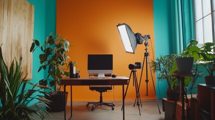 Modern home office with bold orange and green accents