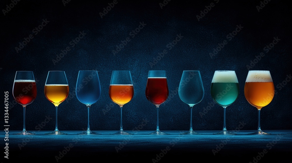 Poster a row of elegant wine glasses capturing light and creating a beautiful display of reflections