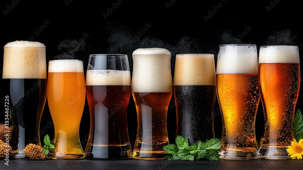 Poster a row of various beer glasses displaying different styles and colors for a refreshing experience