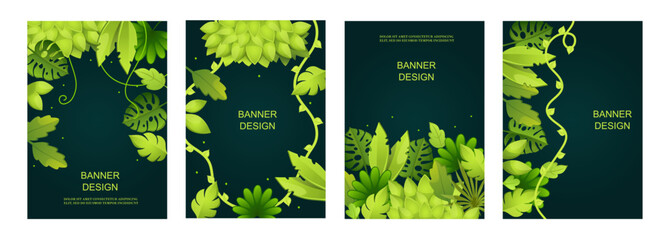 Tropical leaves. Green abstract design. Set of templates for spring banners, cards, posters, covers. Vector illustration