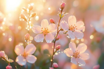 Delicate Pink Blossoms Glowing Sunset Light