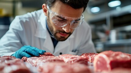 In a professional kitchen, a focused chef carefully examines various cuts of fresh meat. The ambient light enhances the vibrant colors while he evaluates the quality