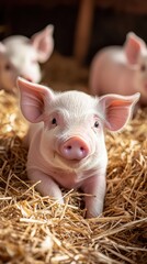 Cozy pink piglet in straw a portrait of rustic innocence