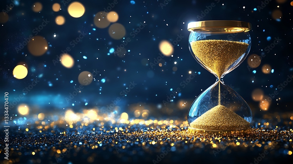 Poster the sands of time flowing in an hourglass with a celestial backdrop and luminous particle effects