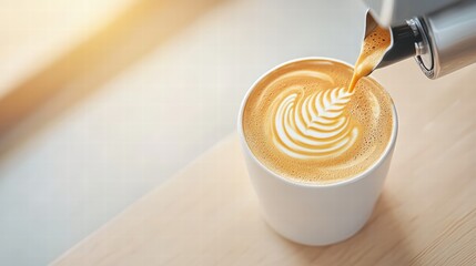 Fresh coffee pouring generously into a white cup with a rich aroma filling the air around it