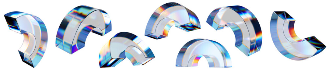 Set of 3d transparent glossy half ring with dispersion effect. Rainbow colors reflection glass. 3d glass disk shape with crystal dispersion effect. Abstract empty glassy ring with prism holographic	