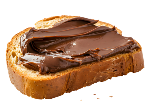 A single piece of bread is thickly spread with smooth, rich chocolate. It looks delicious.