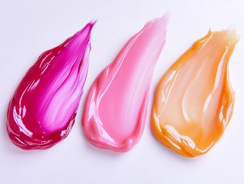 Close up of three vibrant and glossy cosmetic product swatches in shades of pink and orange applied on a clean white background for beauty and makeup concepts