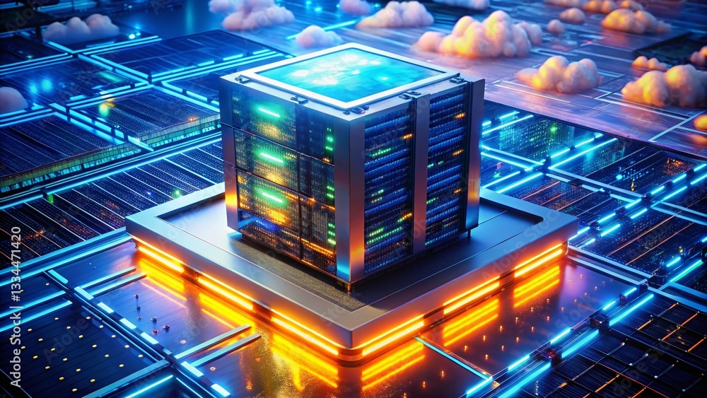 Poster futuristic microserver: cloud computing & data storage aerial view