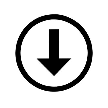 Black downward arrow icon within a circle on white background for download or decrease concept
