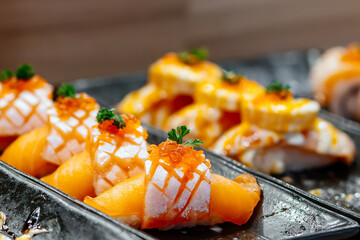 A close-up of the sushi on the plate. Concepcion of Japanese cuisine and proper nutrition.