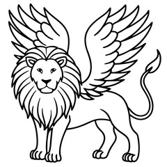 Obraz premium a majestic lion with angel wings, portrayed in a simple line drawing. The lion exudes strength and grace, with detailed wings suggesting flight and freedom
