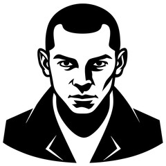 a stark black and white image of a man's portrait, emphasizing bold features and strong lines. The portrait captures a direct, intense gaze  vector illustration