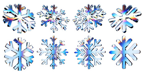 Set of 3d transparent glossy snowflake with dispersion effect. Rainbow colors reflection glass. 3d glass snowflake with crystal dispersion effect. Abstract empty glassy snowflake with prism holographi