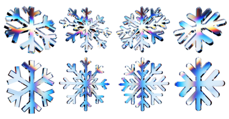 Set of 3d transparent glossy snowflake with dispersion effect. Rainbow colors reflection glass. 3d glass snowflake with crystal dispersion effect. Abstract empty glassy snowflake with prism holographi