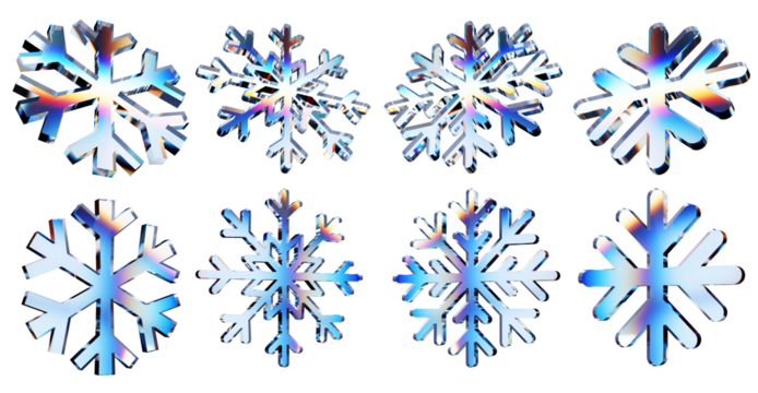 Set of 3d transparent glossy snowflake with dispersion effect. Rainbow colors reflection glass. 3d glass snowflake with crystal dispersion effect. Abstract empty glassy snowflake with prism holographi