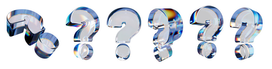 Set of 3d transparent glossy question mark with dispersion effect. Rainbow colors reflection glass. 3d glass question mark with crystal dispersion effect. Abstract empty glassy square with prism