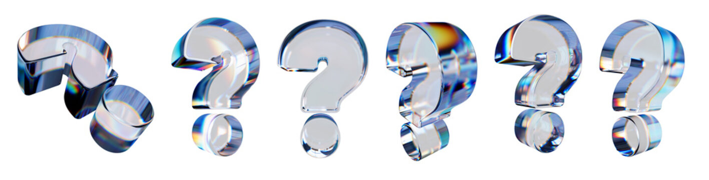 Set of 3d transparent glossy question mark with dispersion effect. Rainbow colors reflection glass. 3d glass question mark with crystal dispersion effect. Abstract empty glassy square with prism