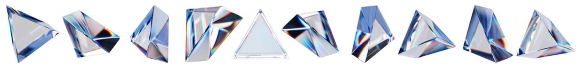 Set of 3d transparent glossy triangle with dispersion effect. Rainbow colors reflection glass. 3d glass triangle box with crystal dispersion effect. Abstract empty glassy square with prism holographic
