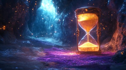 Timeless Sand Hourglass in Mystical Glowing Cave with Magic Carpet and Celestial Light