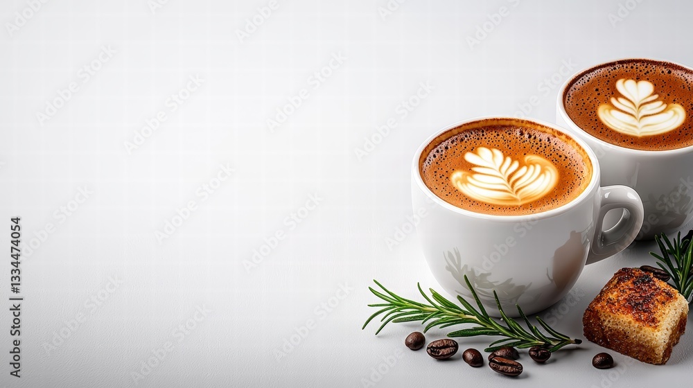 Poster two beautifully designed cups of coffee featuring a heart pattern on a table creating a cozy atmosph