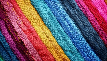Close-up of vibrant multicolored handwoven diagonal stripes showcasing rich texture in a textile, perfect for backgrounds and artistic designs