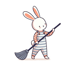 Fototapeta premium Janitor bunny in striped outfit with broom on transparent background. Vector illustration ideal for cleaning services, maintenance staff, or household chores conceptual designs.
