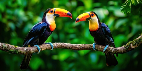 Fototapeta premium Two birds sitting on a branch, one is black and the other is yellow