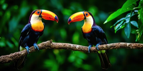 Obraz premium Two birds are perched on a branch, one of which is yellow