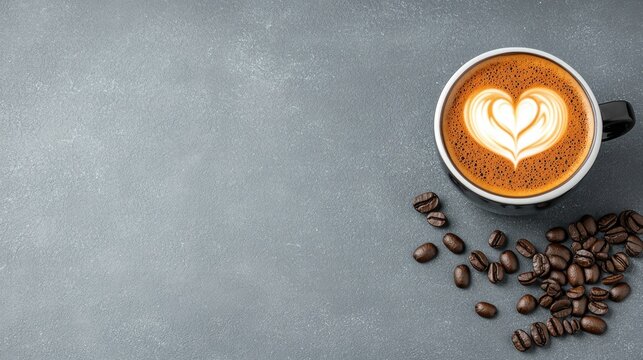 A delightful cup of coffee featuring a beautiful heart drawn artistically in the creamy foam