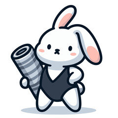 Rabbit in a black leotard holding a yoga mat with a confident pose on a transparent background