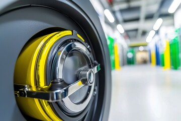 Close up of Yellow and Chrome Circular Industrial Component in Modern Facility