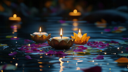 Pond decoration on Puthandu festival with colorful flower petals forming rangoli patterns on the water surface, floating candles softly lit at night, ai generated images.