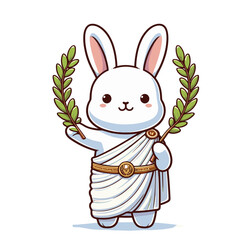 Obraz premium Roman bunny in white toga with laurel wreath on transparent background. Vector illustration perfect for classical themes, historical education, or ancient civilization conceptual designs.